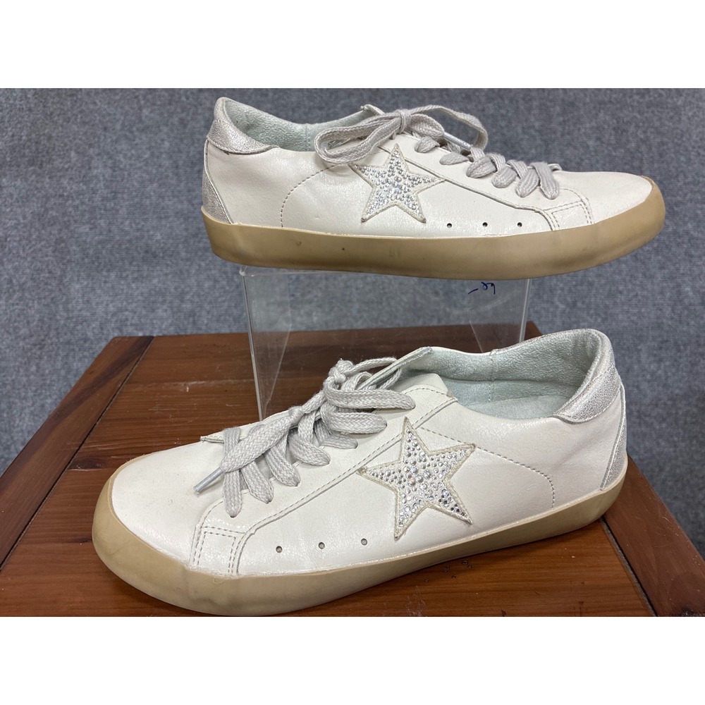 Shu Shop Cream White Rhinestone Star Low Top Sneakers Tan Sole Womens 7